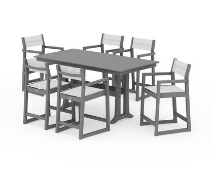 POLYWOOD® EDGE Sling Arm Chair 7-Piece Farmhouse Counter Set with Trestle Legs in Slate Grey / White Sling