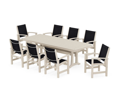 POLYWOOD® Coastal 9-Piece Dining Set with Trestle Legs in Sand / Black Sling
