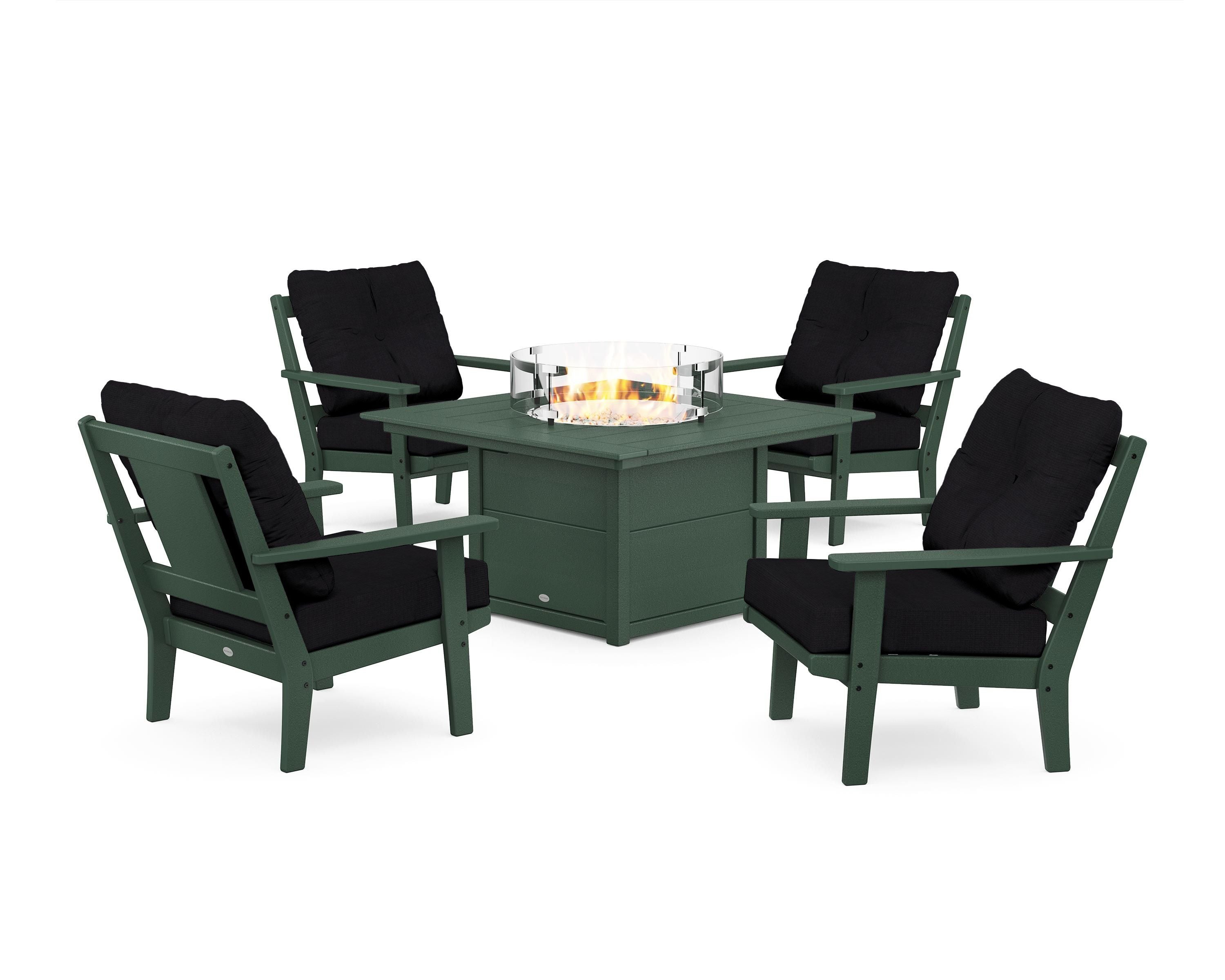 POLYWOOD® Prairie 5-Piece Deep Seating Set with Fire Pit Table in Green / Midnight Linen