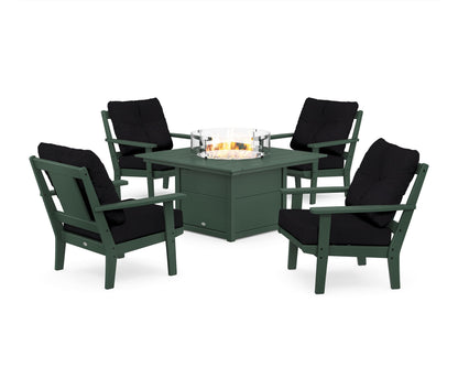 POLYWOOD® Prairie 5-Piece Deep Seating Set with Fire Pit Table in Green / Midnight Linen