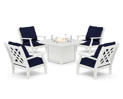 Country Living Wovendale 5-Piece Deep Seating Set with Fire Pit Table in White / Navy