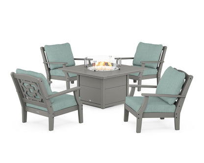 Martha Stewart by POLYWOOD® Chinoiserie 5-Piece Deep Seating Set with Fire Pit Table in Slate Grey / Glacier Spa