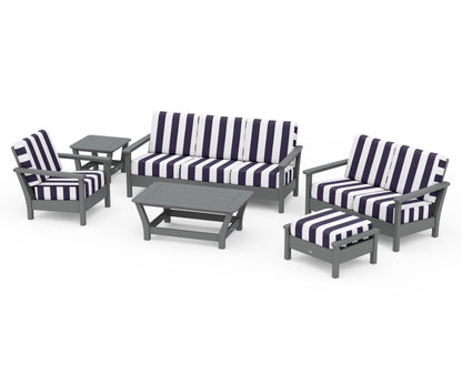 POLYWOOD® Harbour 6-Piece Outdoor Living Set in Slate Grey / Cabana Stripe Navy