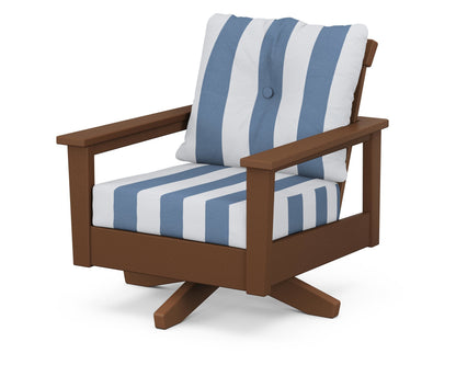 POLYWOOD® Prescott Deep Seating Swivel Chair in Teak / Cabana Stripe Sky Blue