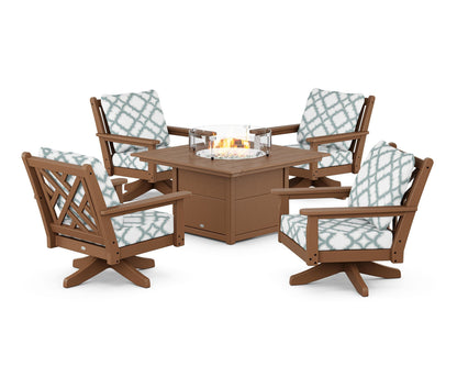 POLYWOOD® Chippendale 5-Piece Deep Seating Swivel Conversation Set with Fire Pit Table in Teak / Trellis Glacier Spa