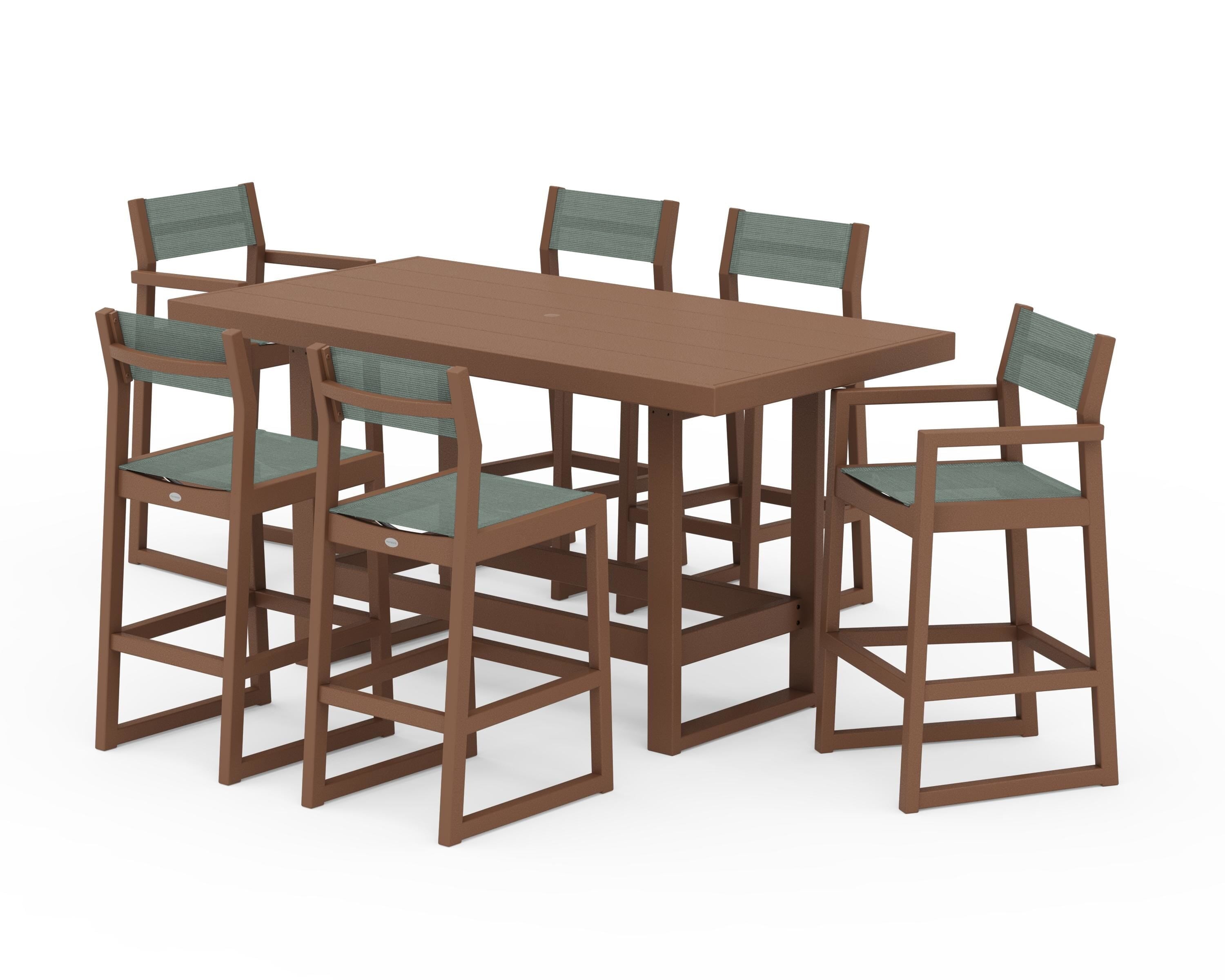 POLYWOOD® EDGE Sling 7-Piece Bar Table Set in Teak / Dupioni Sea Mist Sling