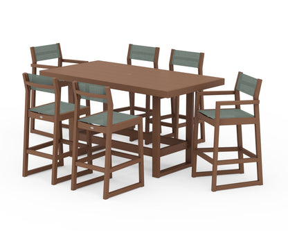 POLYWOOD® EDGE Sling 7-Piece Bar Table Set in Teak / Dupioni Sea Mist Sling