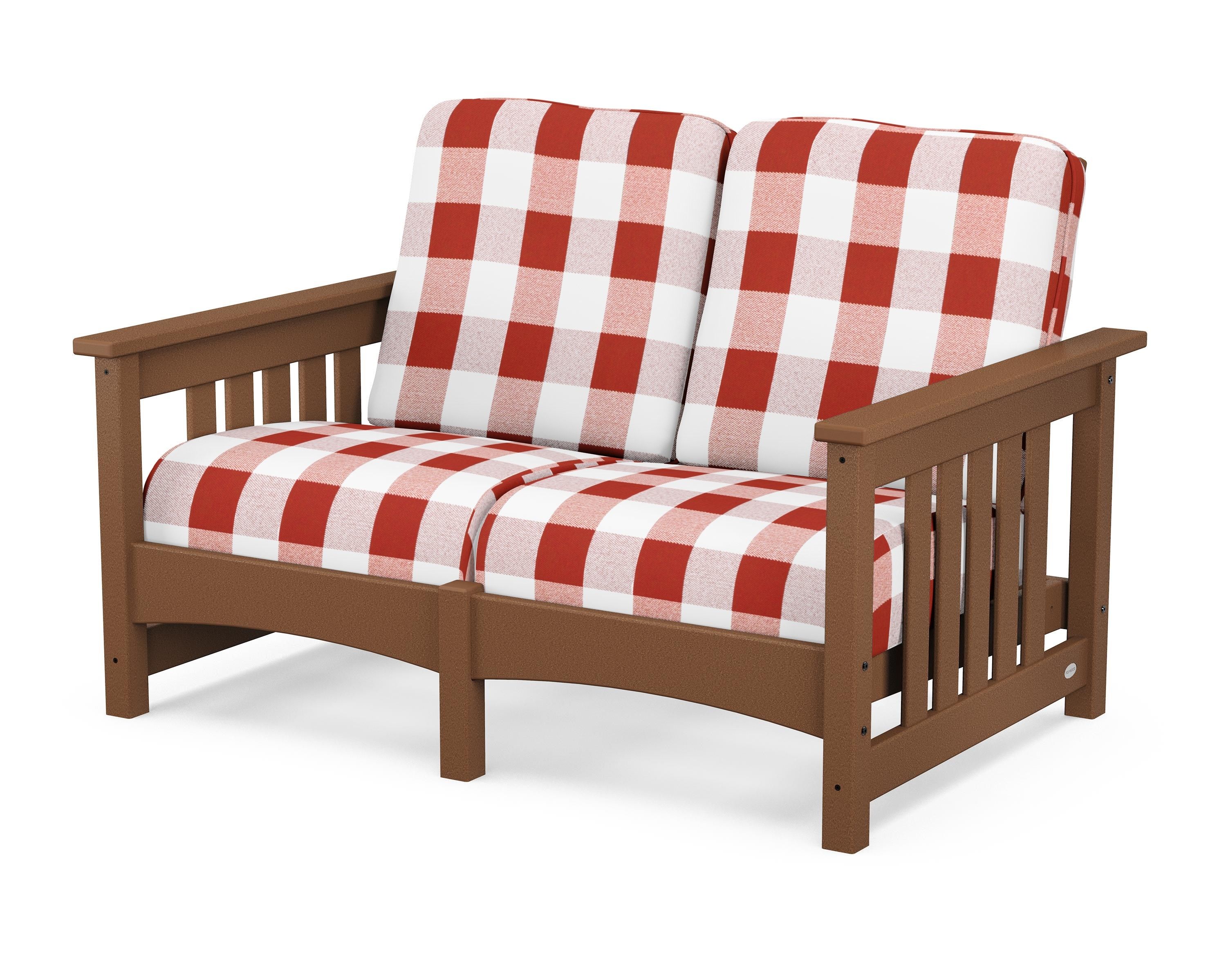 POLYWOOD® Club Mission Loveseat in Teak / Buffalo Plaid Crimson
