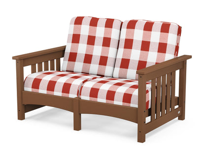 POLYWOOD® Club Mission Loveseat in Teak / Buffalo Plaid Crimson