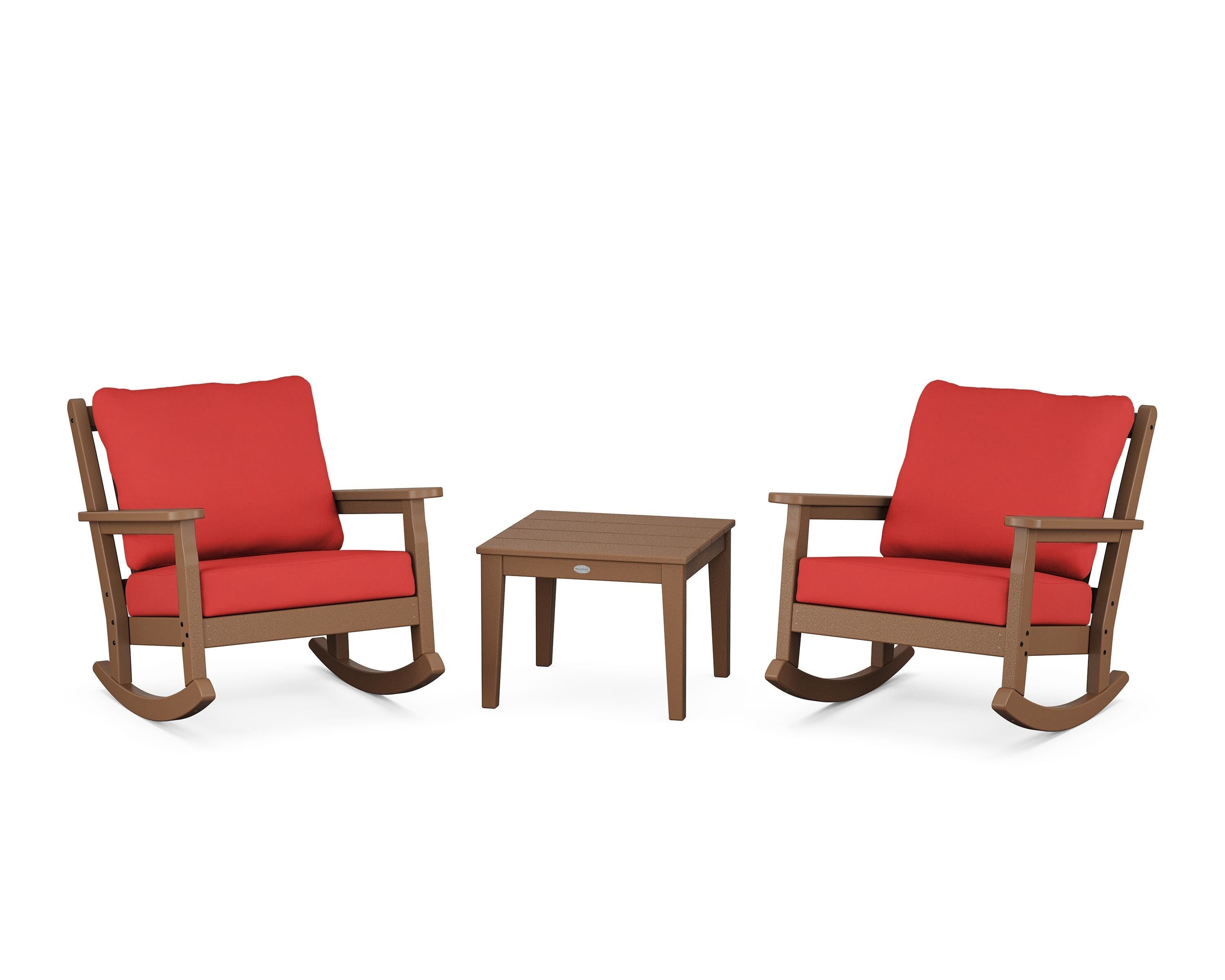 POLYWOOD® Chippendale 3-Piece Deep Seating Rocker Set in Teak / Crimson Linen