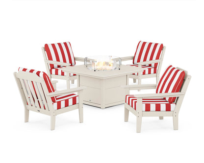 Country Living Cottage 5-Piece Deep Seating Set with Fire Pit Table in Sand / Cabana Stripe Crimson