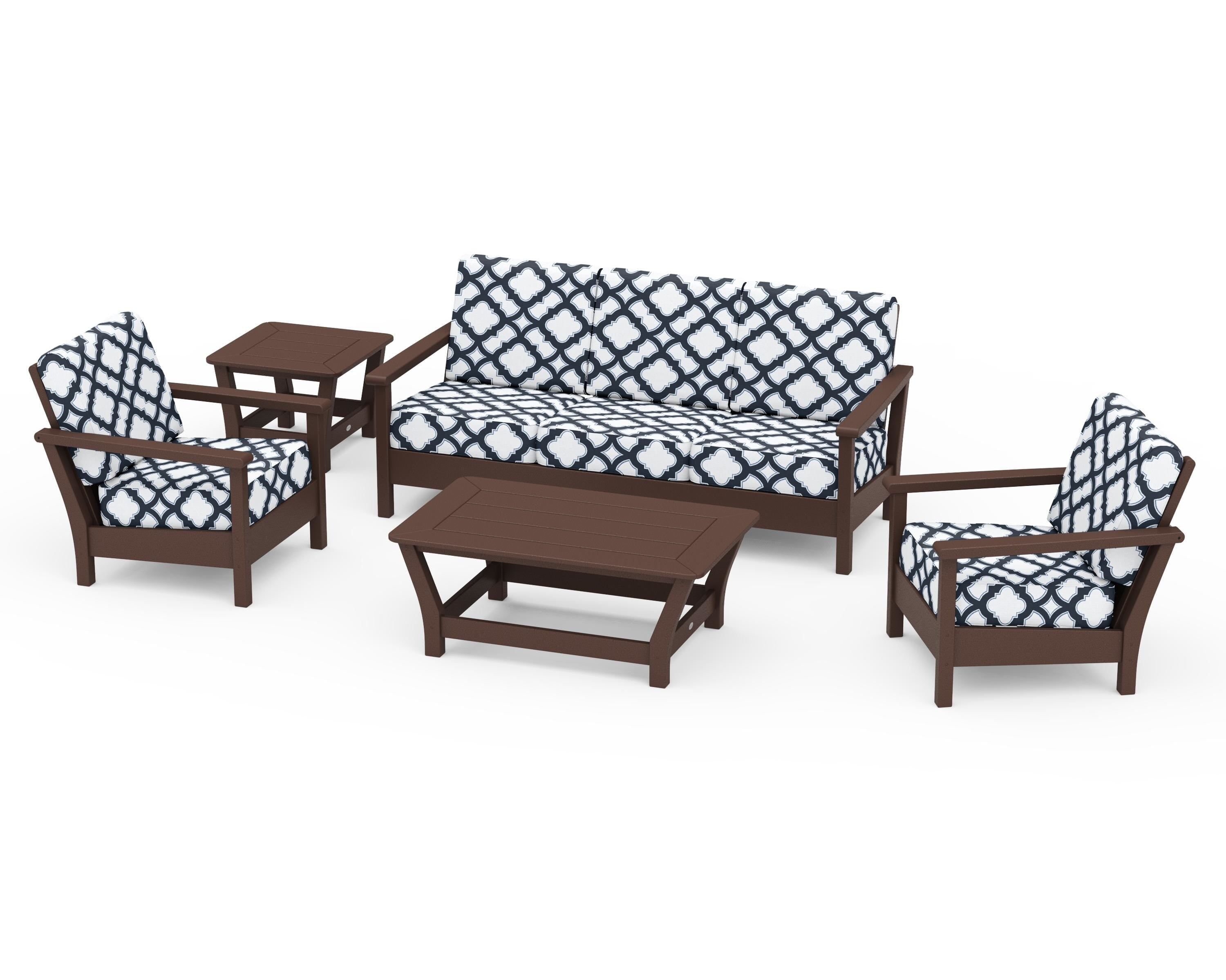 POLYWOOD® Harbour 5-Piece Deep Seating Set in Mahogany / Trellis Marine Indigo
