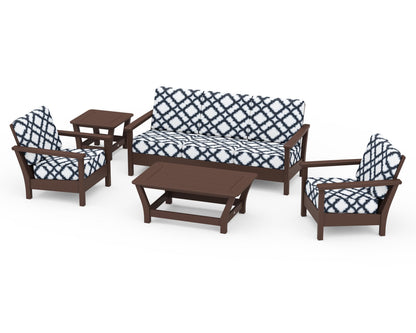 POLYWOOD® Harbour 5-Piece Deep Seating Set in Mahogany / Trellis Marine Indigo