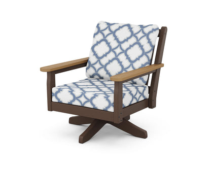 POLYWOOD® Chippendale Deep Seating Swivel Chair in Mahogany / Natural / Trellis Sky Blue