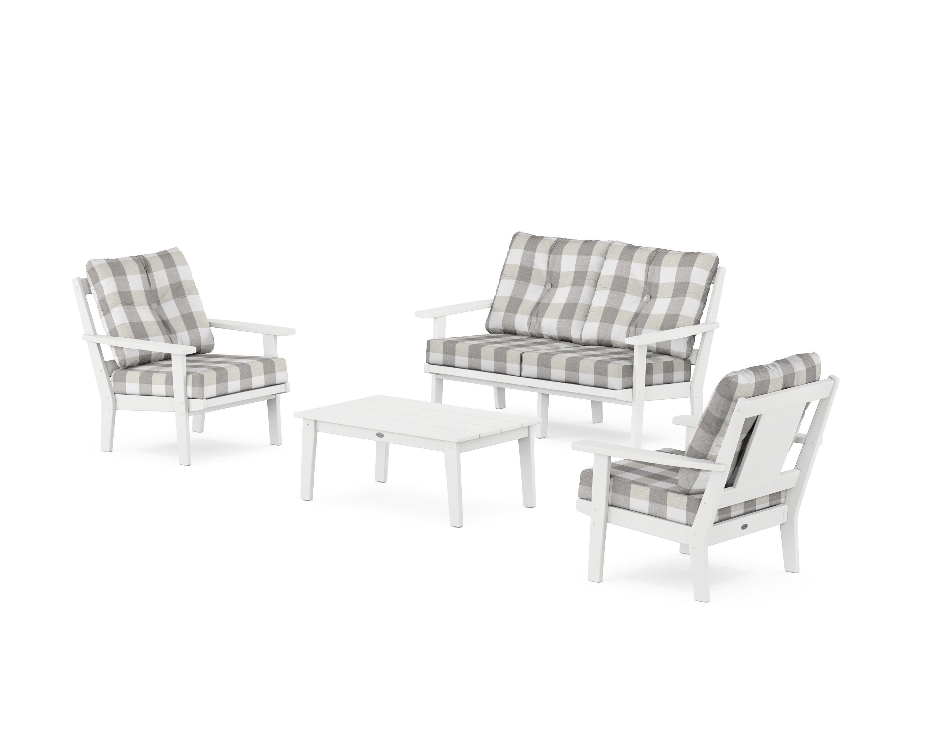 POLYWOOD® Prairie 4-Piece Deep Seating Set with Loveseat in White / Buffalo Plaid Grey Mist