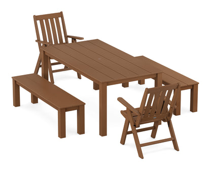 POLYWOOD® Vineyard Folding Chair 5-Piece Parsons Dining Set with Benches in Teak