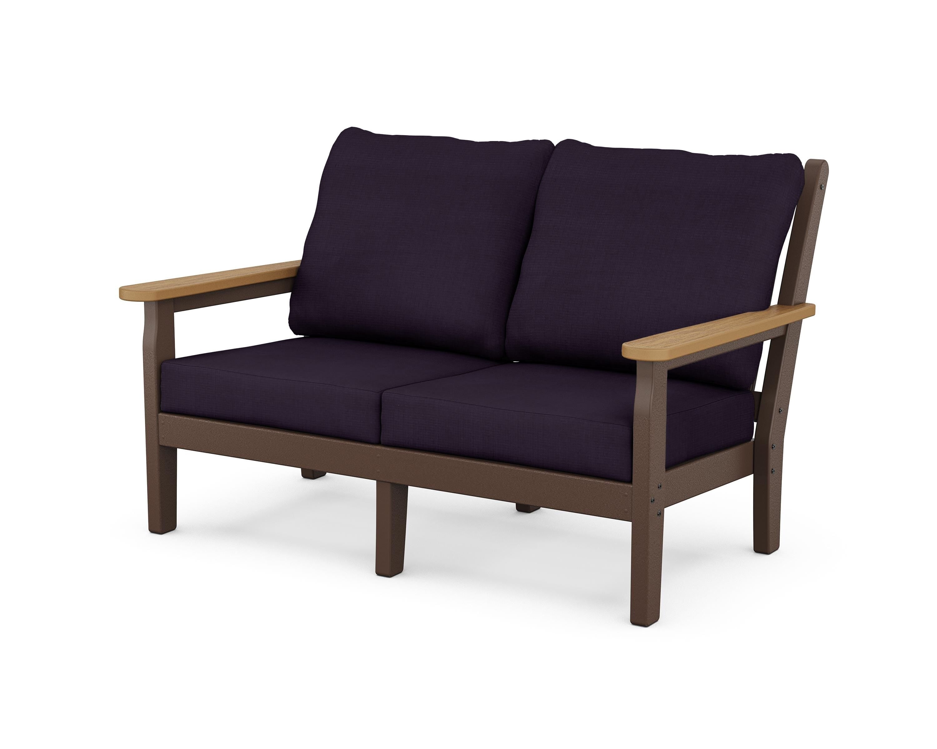 POLYWOOD® Chippendale Deep Seating Loveseat in Mahogany / Natural / Navy Linen