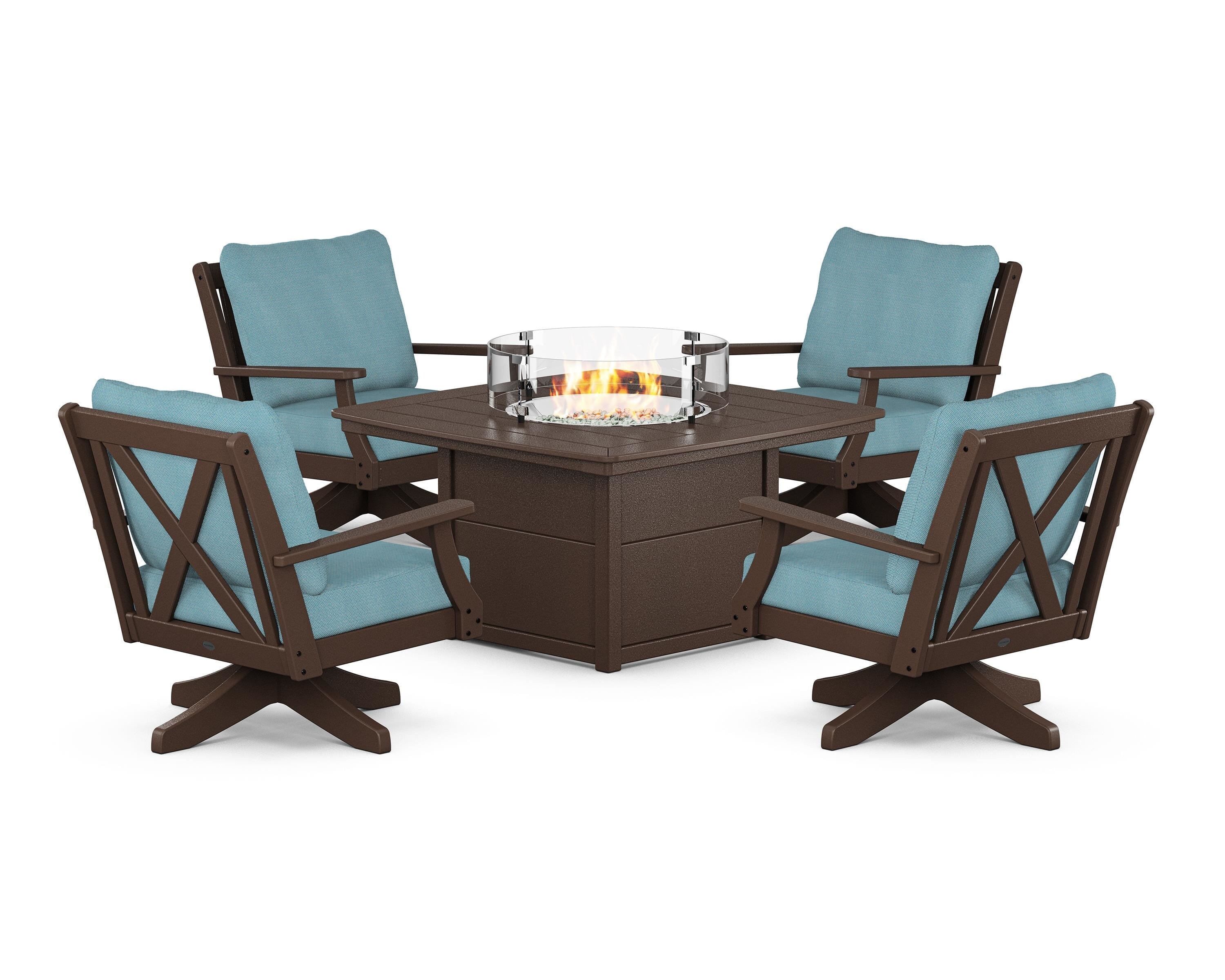 POLYWOOD® Braxton 5-Piece Deep Seating Swivel Conversation Set with Fire Pit Table in Mahogany / Lattice Sky Blue