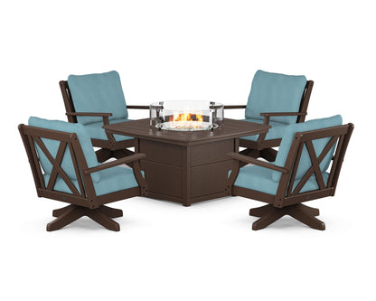 POLYWOOD® Braxton 5-Piece Deep Seating Swivel Conversation Set with Fire Pit Table in Mahogany / Lattice Sky Blue