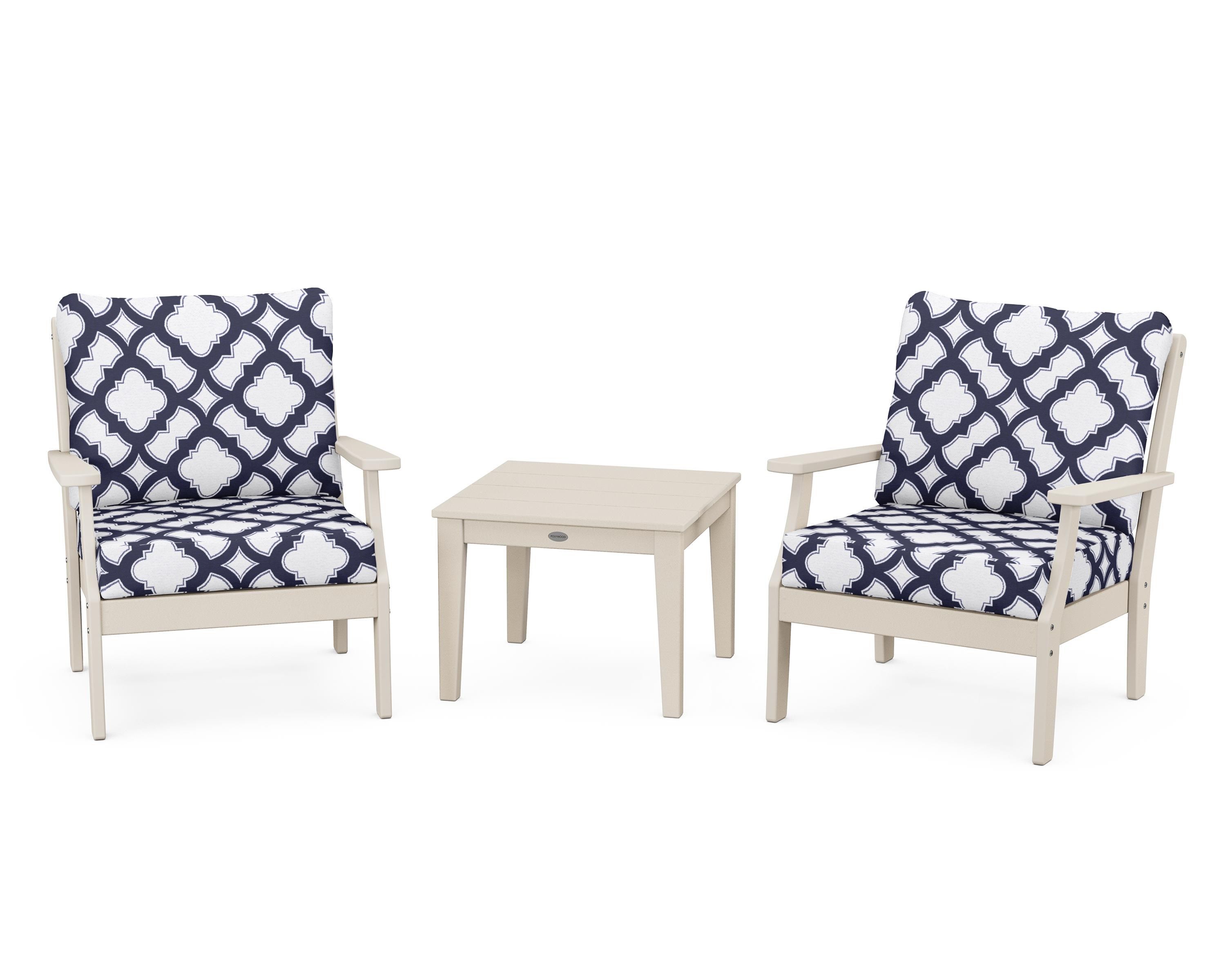 POLYWOOD® Braxton 3-Piece Deep Seating Set in Sand / Trellis Navy