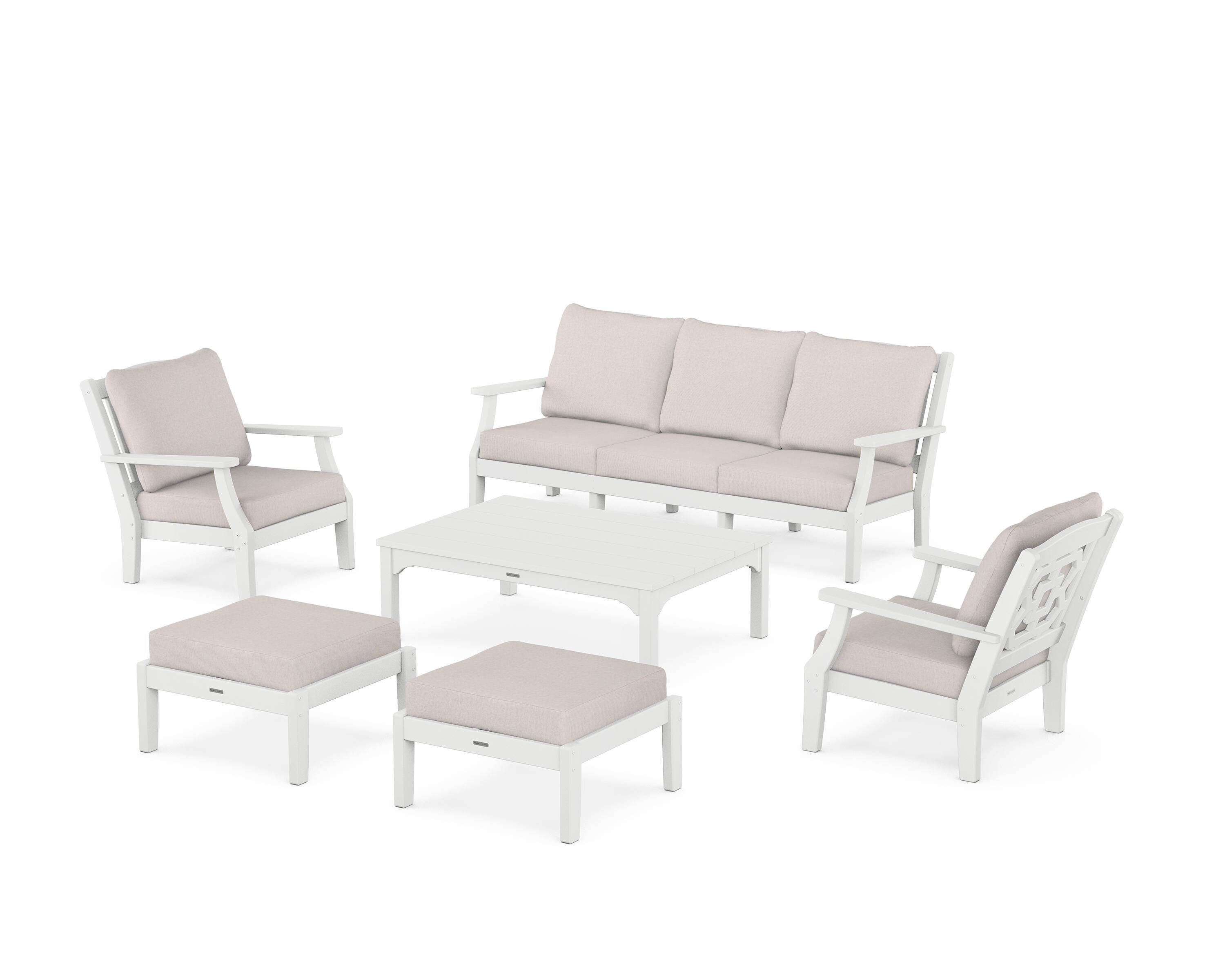 Martha Stewart by POLYWOOD® Chinoiserie 6-Piece Lounge Sofa Set in White / Dune Burlap