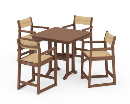 POLYWOOD® EDGE Sling Arm Chair 5-Piece Farmhouse Counter Set with Trestle Legs in Teak / Dupioni Apricot Sling