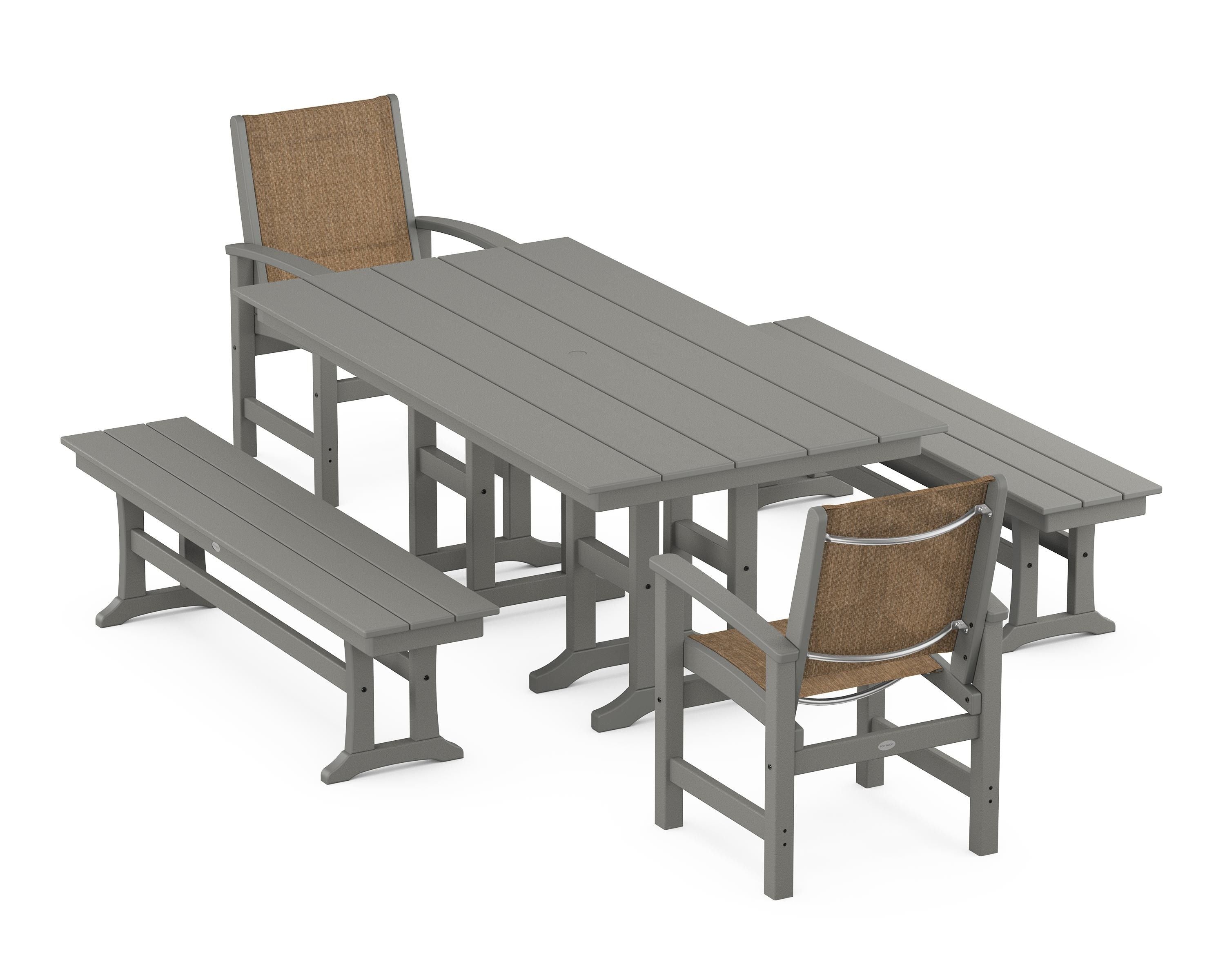 POLYWOOD® Coastal 5-Piece Farmhouse Dining Set in Slate Grey / Burlap Sling