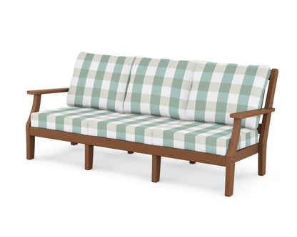 Martha Stewart by POLYWOOD® Chinoiserie Deep Seating Sofa in Teak / Buffalo Plaid Glacier Spa