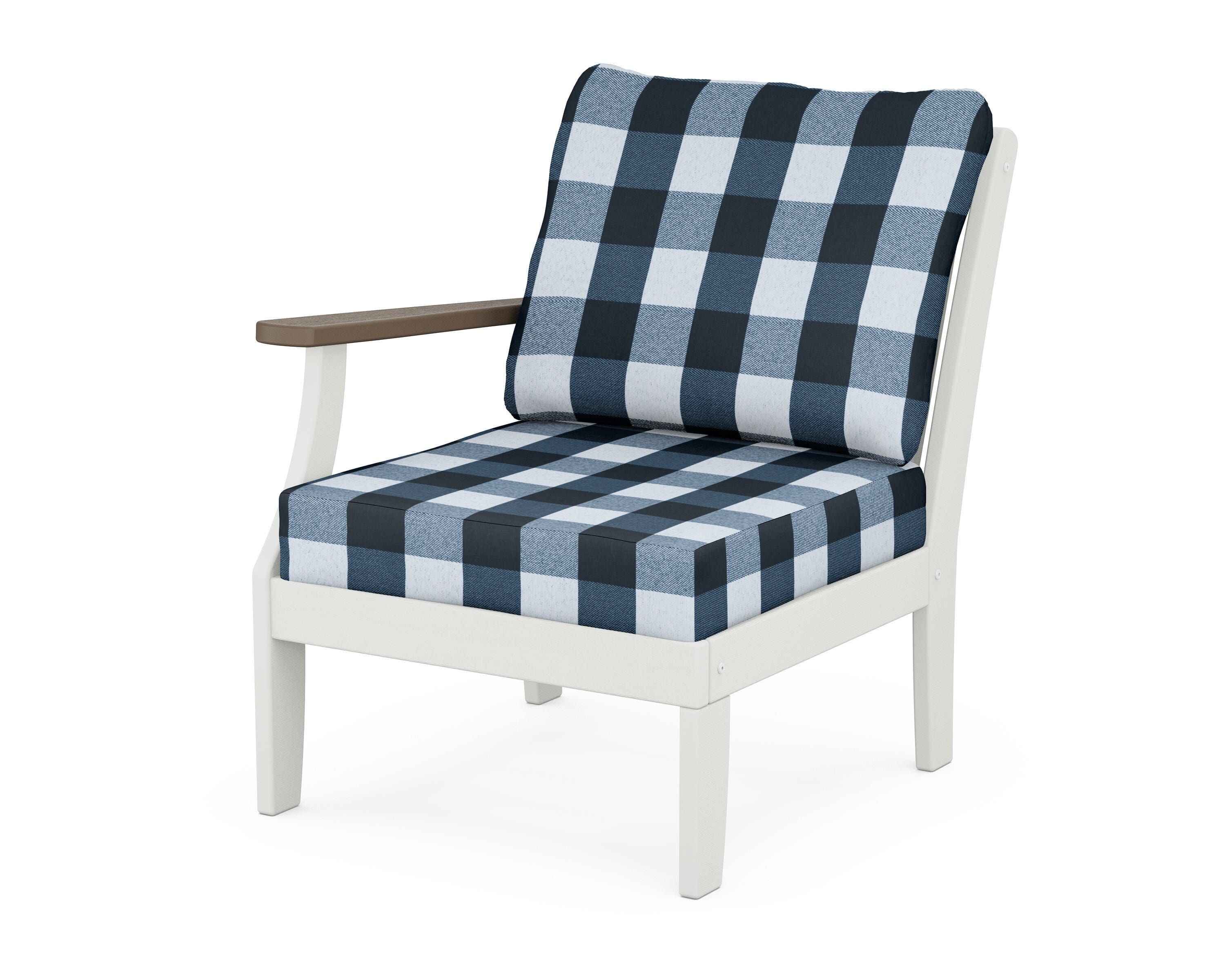 POLYWOOD® Braxton Modular Left Arm Chair in White / Kona / Buffalo Plaid Marine Indigo