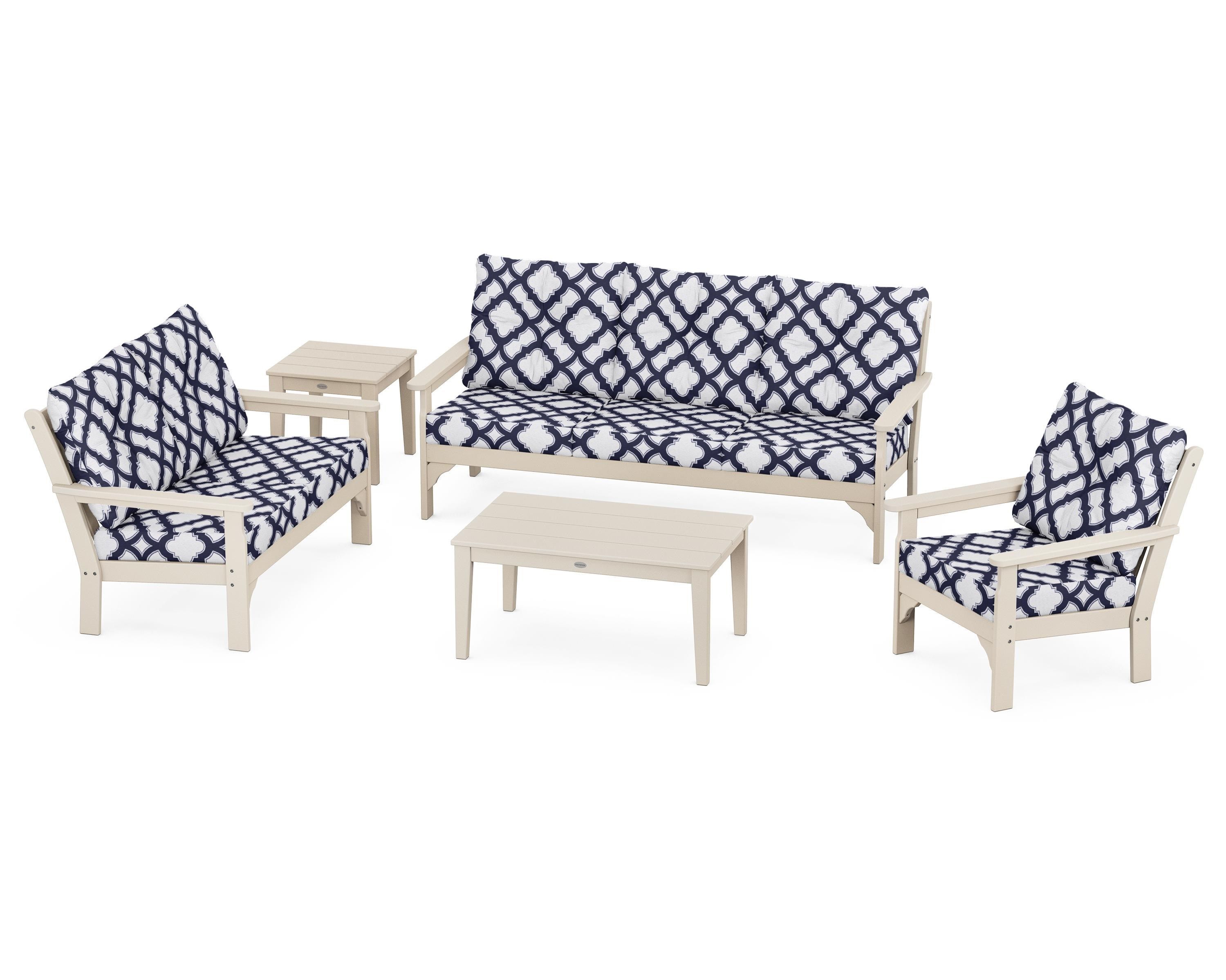 POLYWOOD® Vineyard 5 Piece Deep Seating Set in Sand / Trellis Navy