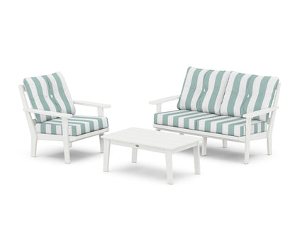 POLYWOOD® Oxford 3-Piece Deep Seating Set with Loveseat in White / Cabana Stripe Glacier Spa