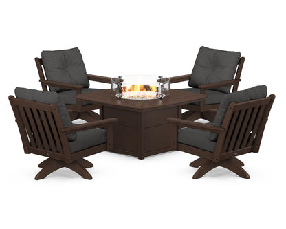 POLYWOOD® Vineyard 5-Piece Deep Seating Swivel Conversation Set with Fire Pit Table in Mahogany / Spectrum Carbon