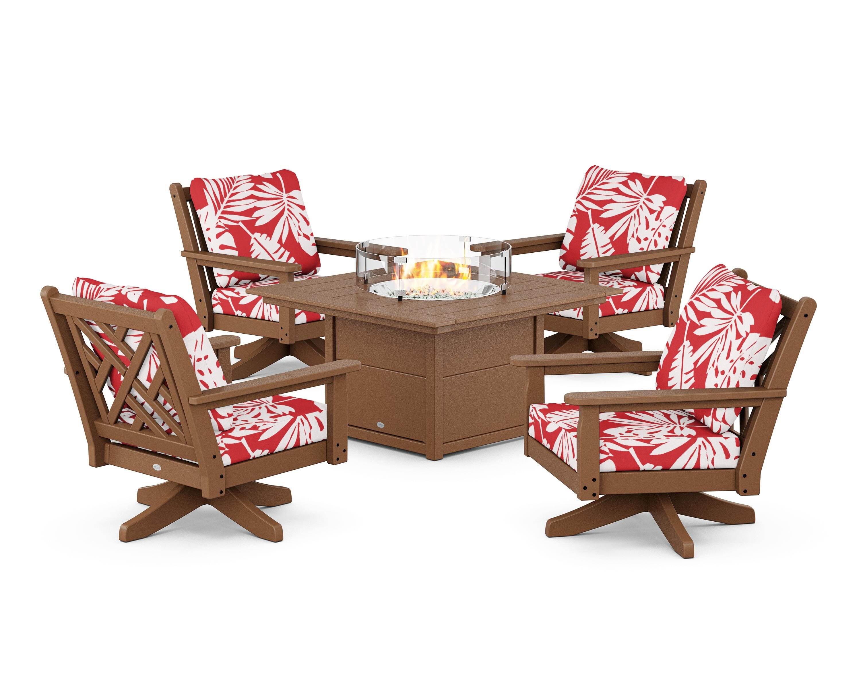 POLYWOOD® Chippendale 5-Piece Deep Seating Swivel Conversation Set with Fire Pit Table in Teak / Leaf Crimson