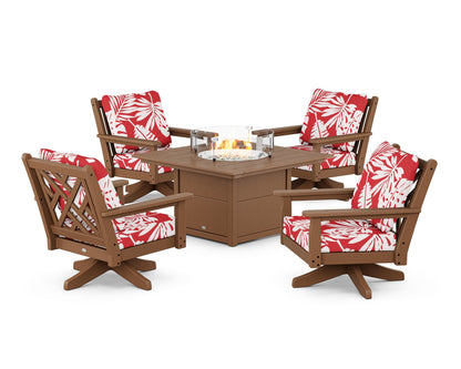 POLYWOOD® Chippendale 5-Piece Deep Seating Swivel Conversation Set with Fire Pit Table in Teak / Leaf Crimson