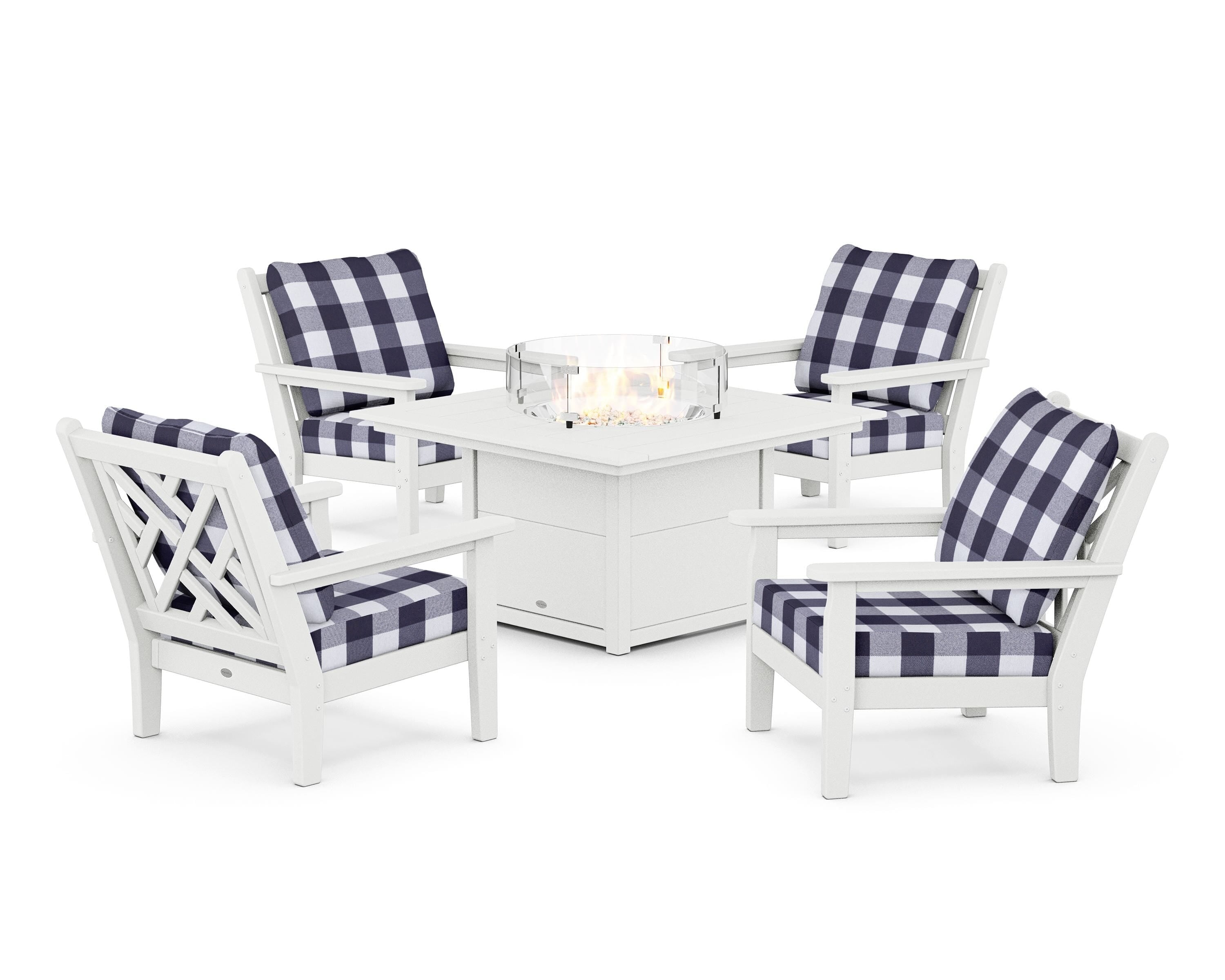 POLYWOOD® Chippendale 5-Piece Deep Seating Set with Fire Pit Table in White / Buffalo Plaid Navy
