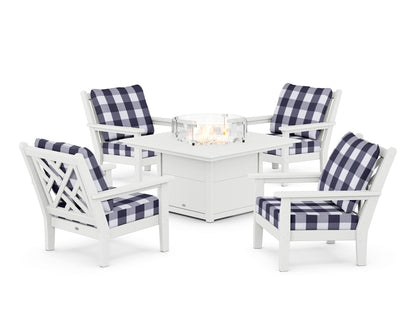 POLYWOOD® Chippendale 5-Piece Deep Seating Set with Fire Pit Table in White / Buffalo Plaid Navy