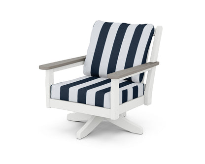 POLYWOOD® Chippendale Deep Seating Swivel Chair in White / Driftwood / Cabana Stripe Marine Indigo