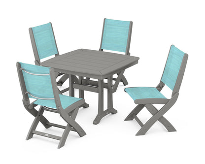 POLYWOOD® Coastal Folding Side Chair 5-Piece Dining Set with Trestle Legs in Slate Grey / Dupioni Aquamarine Sling