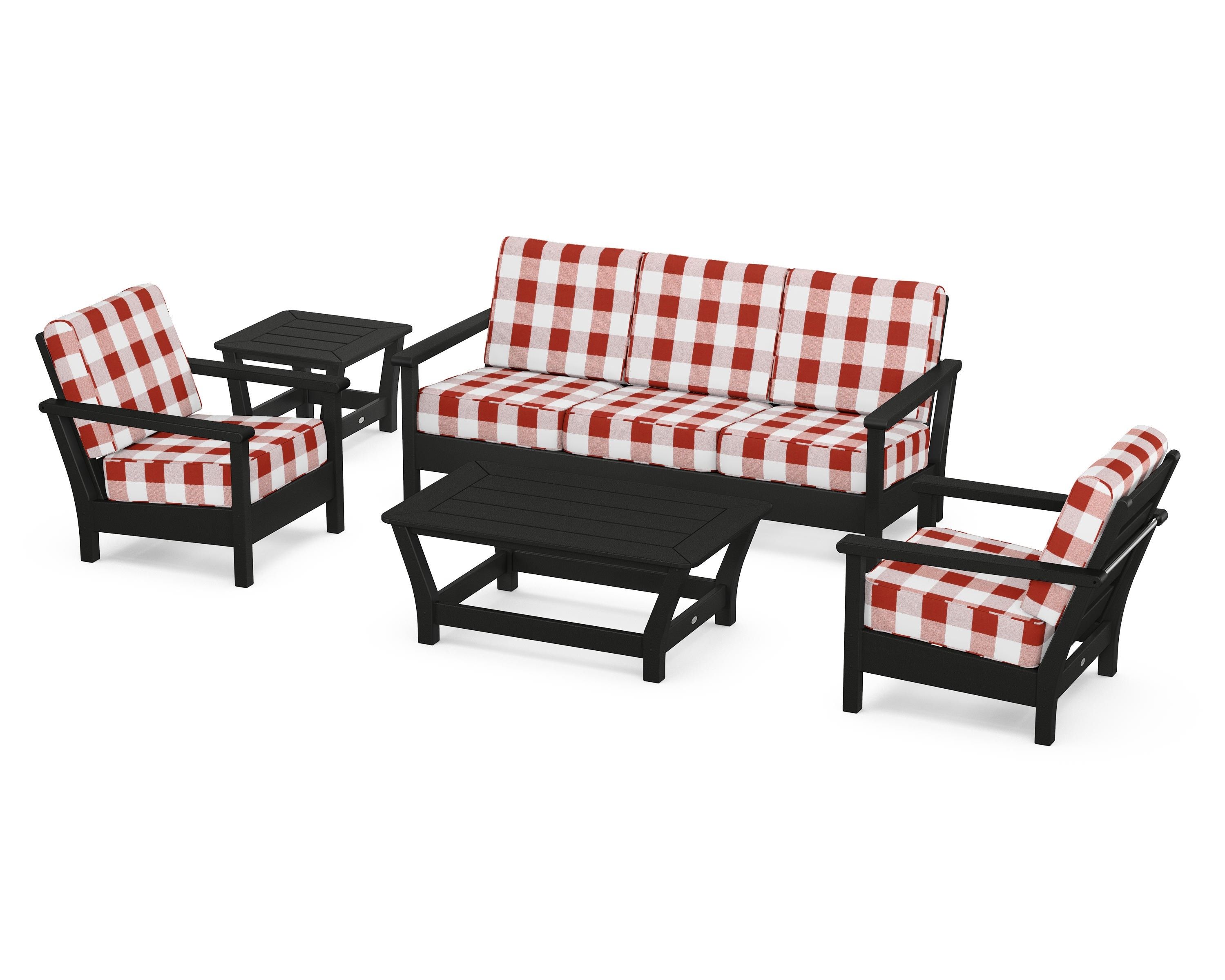 POLYWOOD® Harbour 5-Piece Deep Seating Set in Black / Buffalo Plaid Crimson