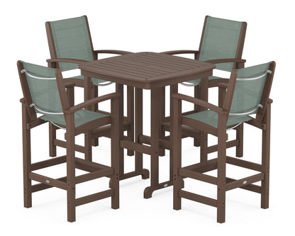 POLYWOOD® Coastal 5-Piece Bar Set in Mahogany / Dupioni Sea Mist Sling