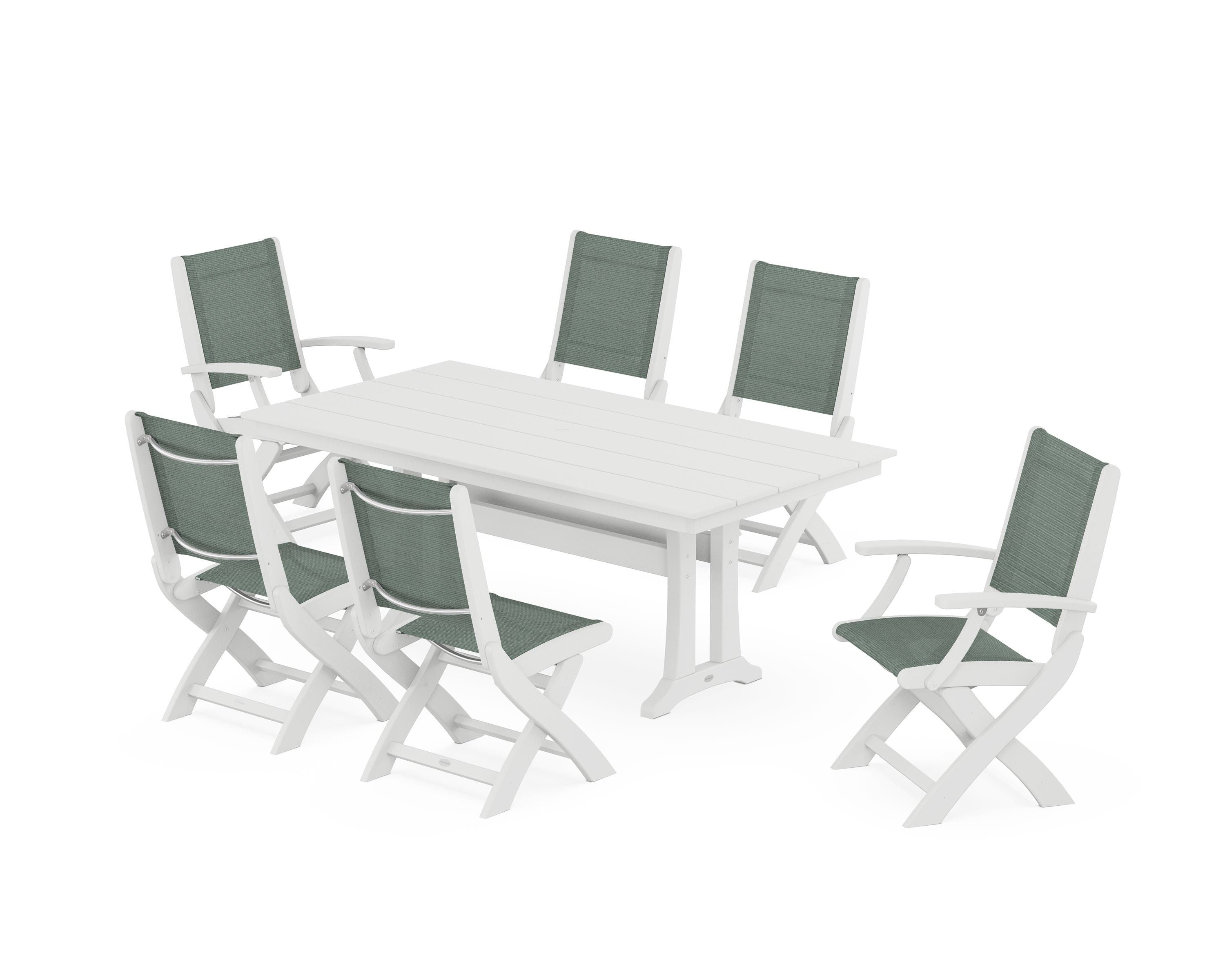 POLYWOOD® Coastal Folding Chair 7-Piece Farmhouse Dining Set with Trestle Legs in White / Dupioni Sea Mist Sling