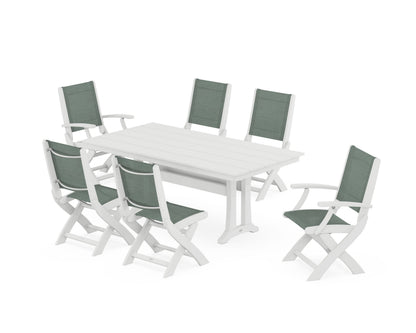 POLYWOOD® Coastal Folding Chair 7-Piece Farmhouse Dining Set with Trestle Legs in White / Dupioni Sea Mist Sling