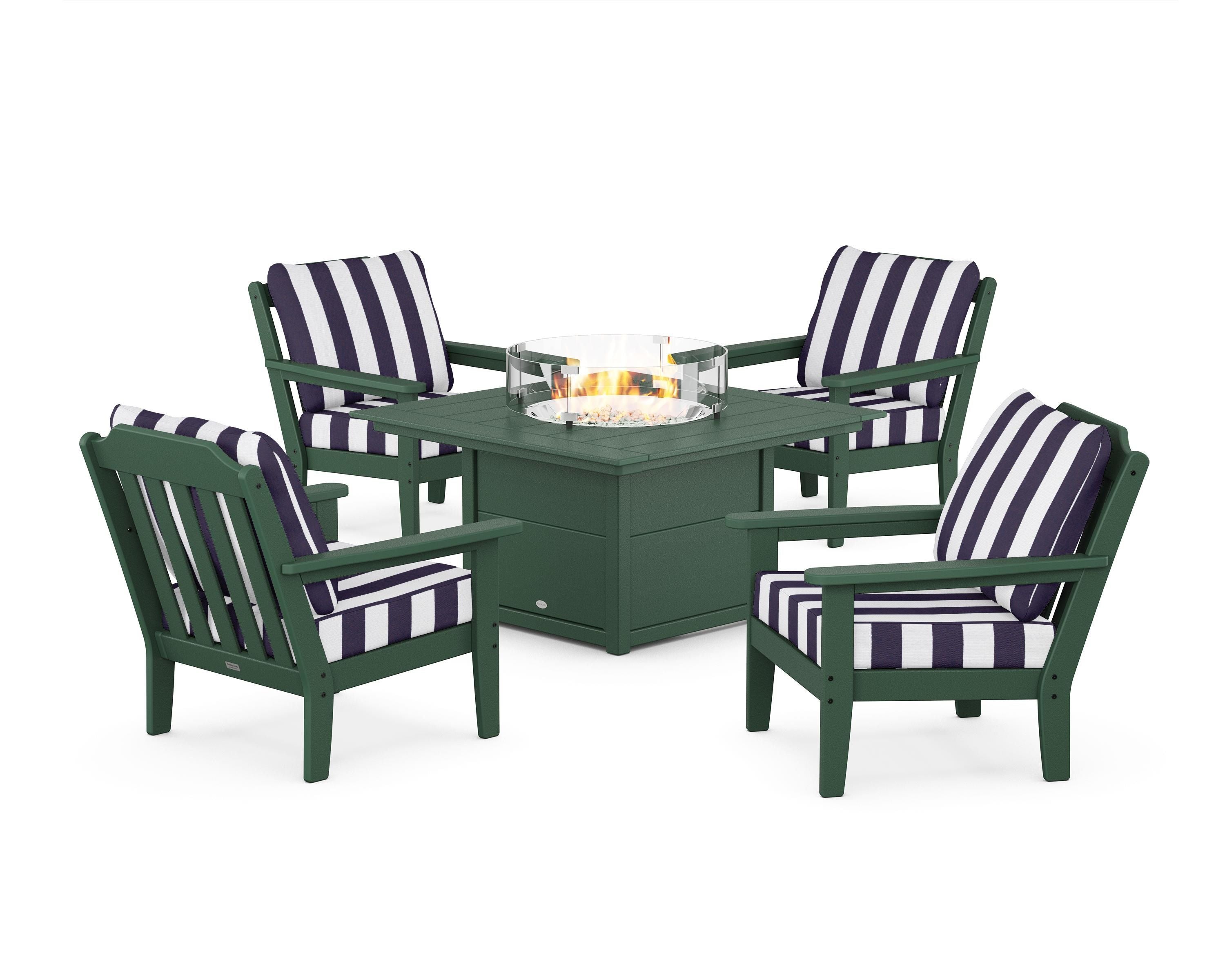 Country Living Cottage 5-Piece Deep Seating Set with Fire Pit Table in Green / Cabana Stripe Navy