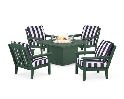 Country Living Cottage 5-Piece Deep Seating Set with Fire Pit Table in Green / Cabana Stripe Navy