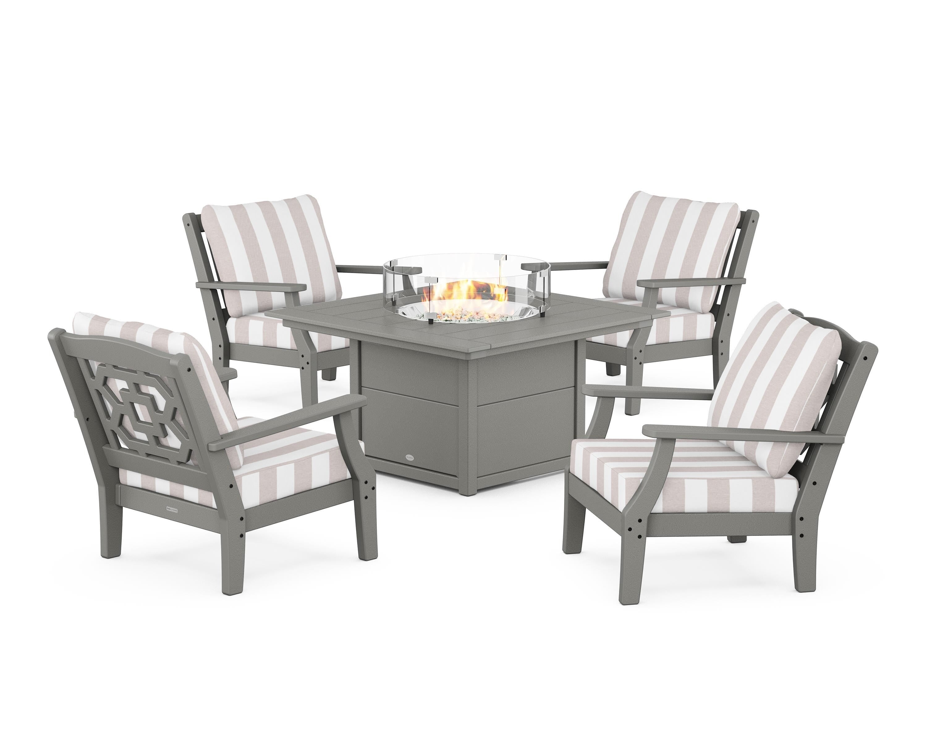 Martha Stewart by POLYWOOD® Chinoiserie 5-Piece Deep Seating Set with Fire Pit Table in Slate Grey / Cabana Stripe Dune Burlap