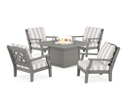 Martha Stewart by POLYWOOD® Chinoiserie 5-Piece Deep Seating Set with Fire Pit Table in Slate Grey / Cabana Stripe Dune Burlap
