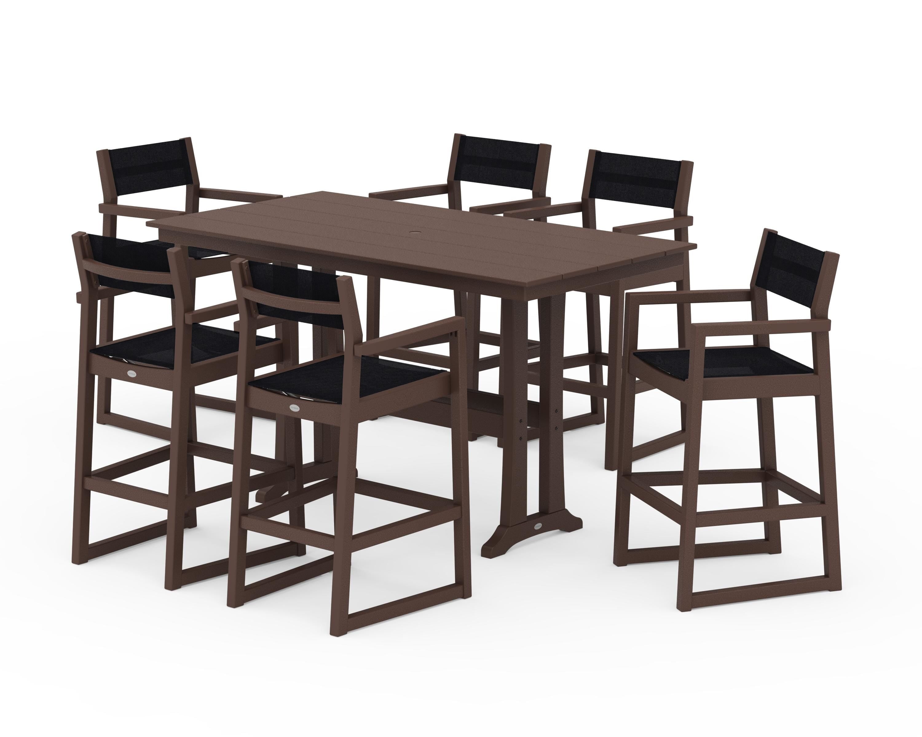 POLYWOOD® EDGE Sling Arm Chair 7-Piece Farmhouse Bar Set with Trestle Legs in Mahogany / Black Sling