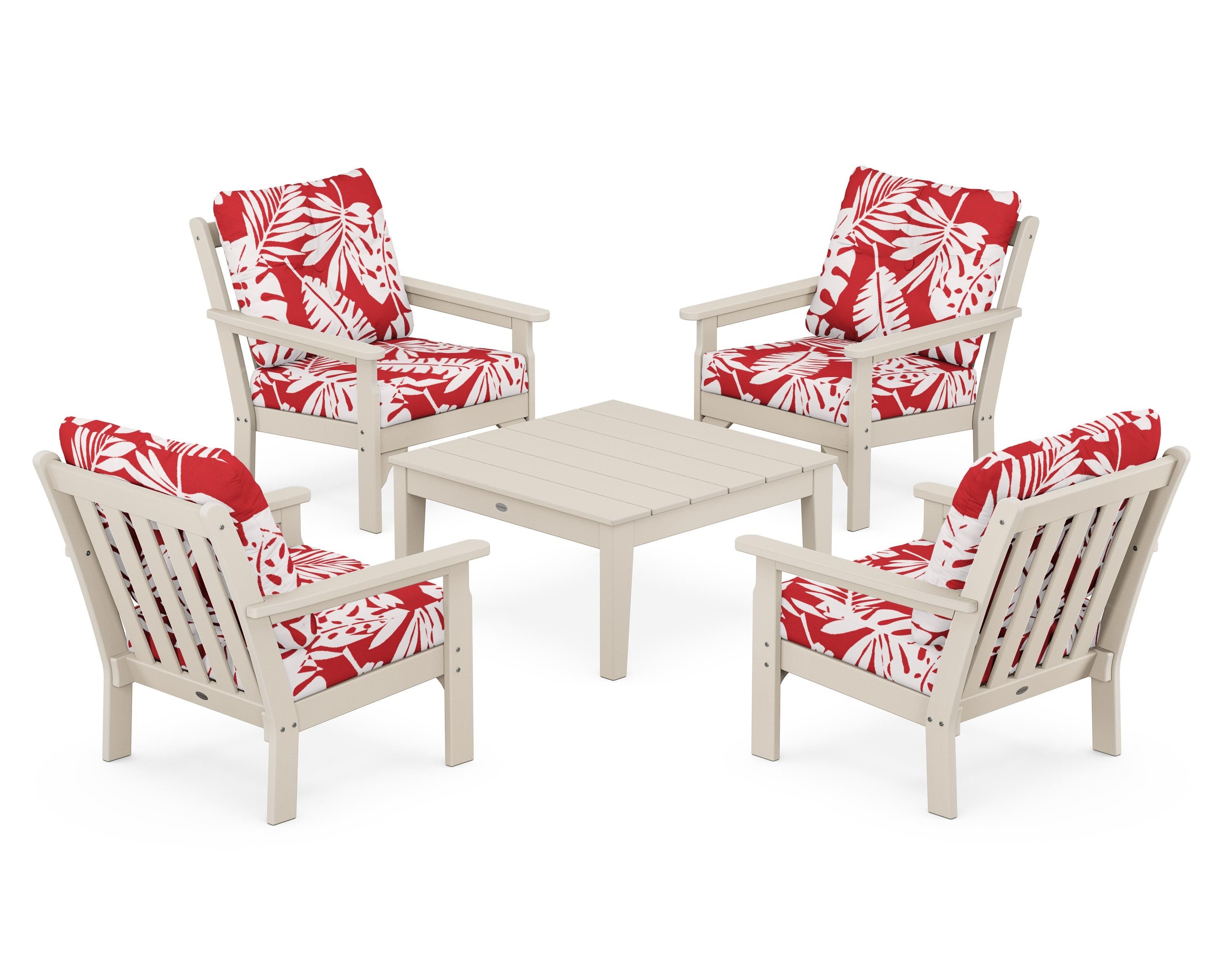 POLYWOOD® Vineyard 5-Piece Deep Seating Conversation Set in Sand / Leaf Crimson