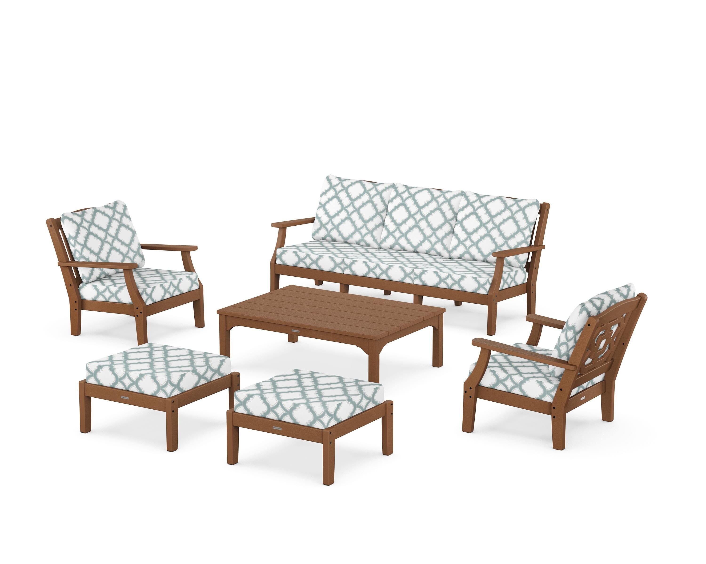 Martha Stewart by POLYWOOD® Chinoiserie 6-Piece Lounge Sofa Set in Teak / Trellis Glacier Spa