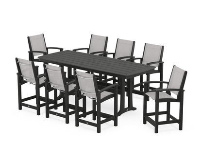 POLYWOOD® Coastal 9-Piece Counter Set with Trestle Legs in Black / Parchment Sling